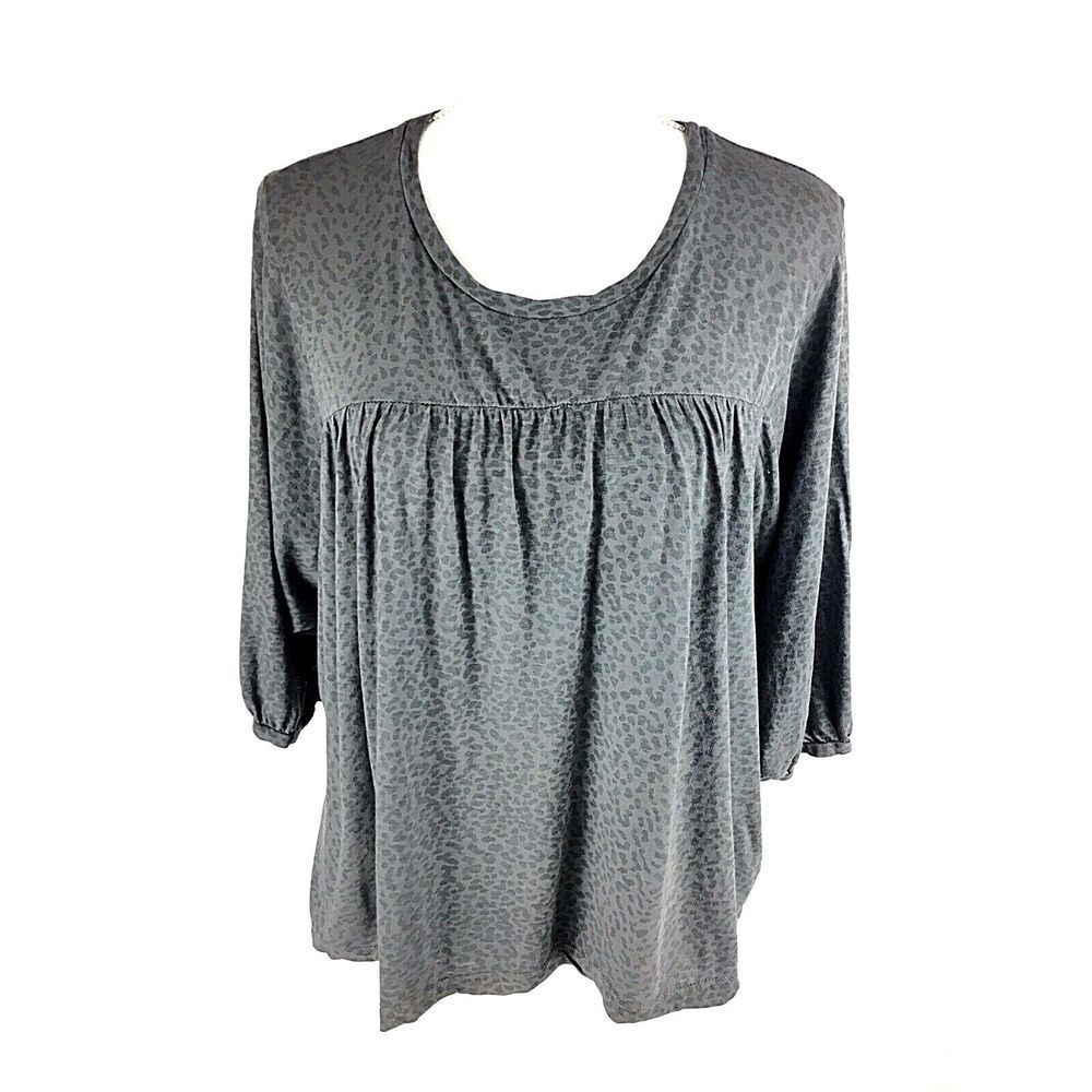Sundry Leopard Print‎ Pleated Empire Top Blouse Sz 2 (M) Gray Slouchy 3/4 Sleeve
